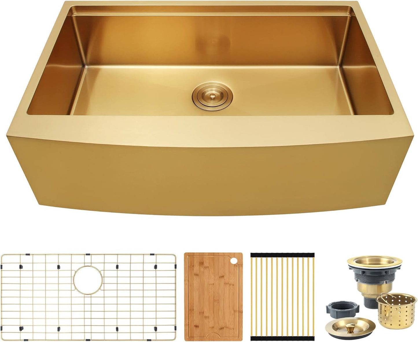 Kitsitchen Gold Farmhouse Kitchen Sink,16 Gauge 304S Stainless Steel Farm Sinks, 33"x20"x10" Large and Deep Apron Front Single Bowl Workstation Sinks with Accessories