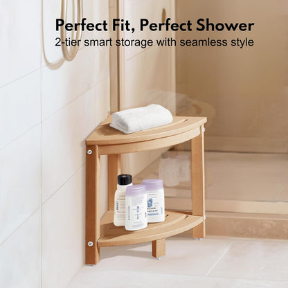 Corner Shower Stool for Inside Shower, HDPE Outdoor Side Table with 2-Tier Storage, Non-Slip Feet, White