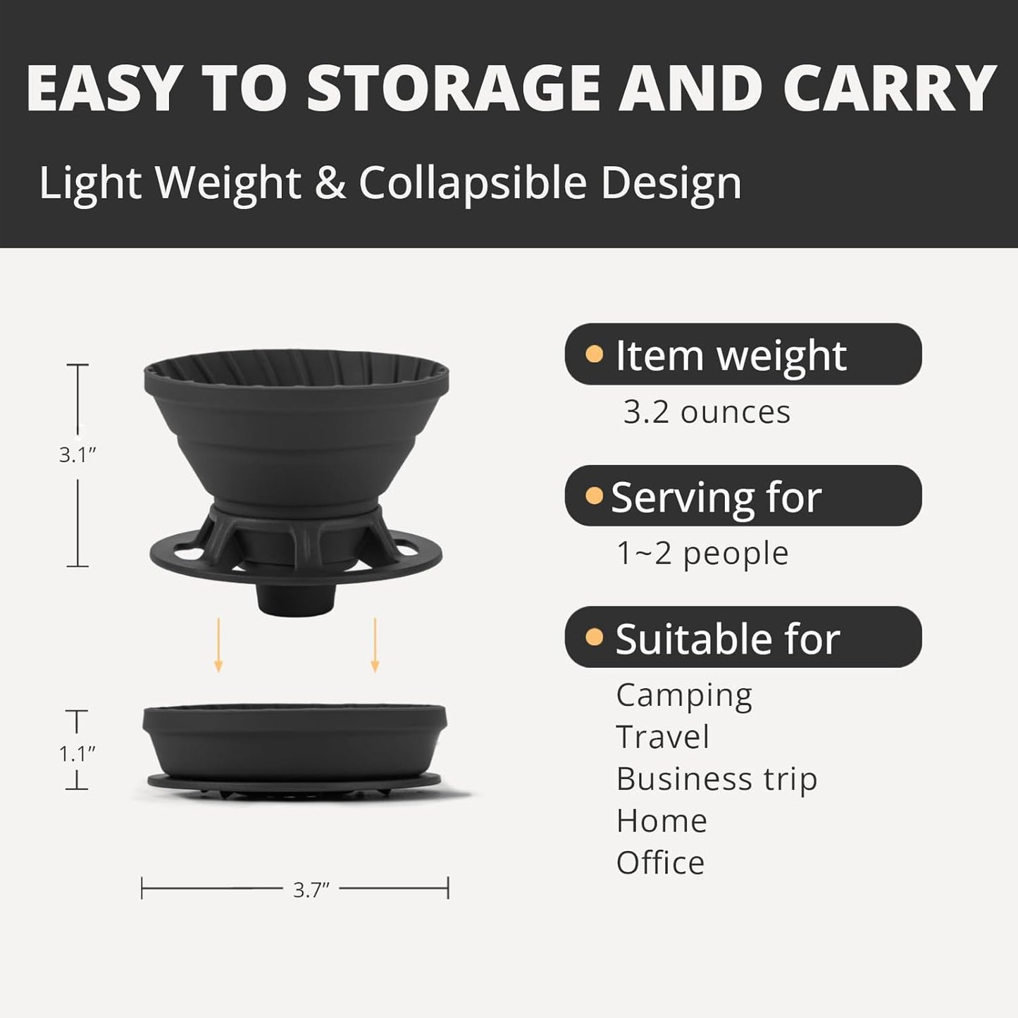 Collapsible Coffee Dripper - Silicone Reusable Pour Over Coffee Maker for Camping, 1-2 Cup (Black)
