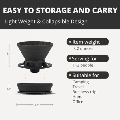 Collapsible Coffee Dripper - Silicone Reusable Pour Over Coffee Maker for Camping, 1-2 Cup (Black)