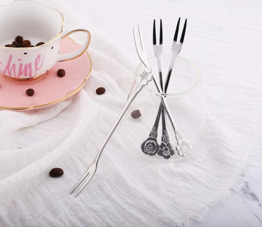 8Pcs 4.9 Inch Stainless Steel Flower Forks, Small Pickle Dessert Cake Forks for Banquet Party Seafood Cocktail