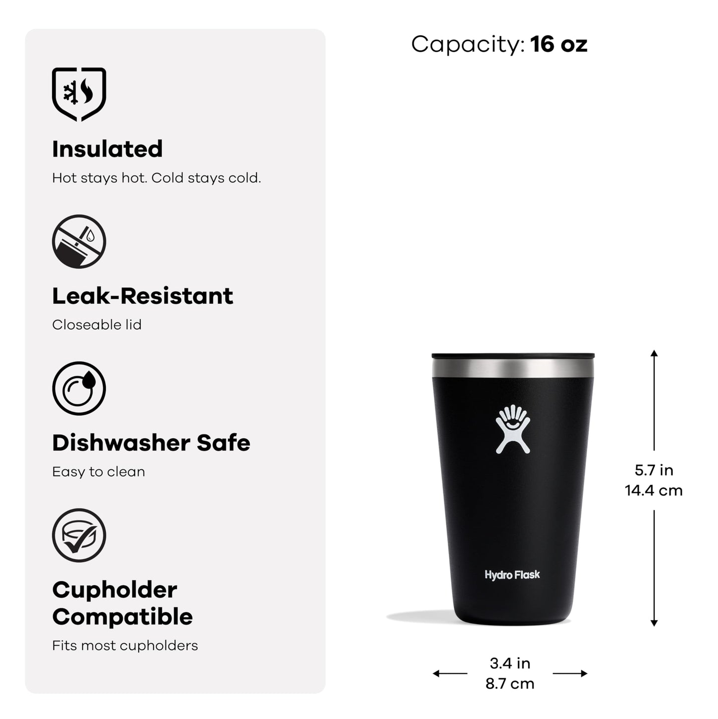 Hydro Flask All Around Tumbler Press-In Lid, Insulated Travel Mug, Stainless Steel Coffee Cup 16 Oz Tonal Birch Gray