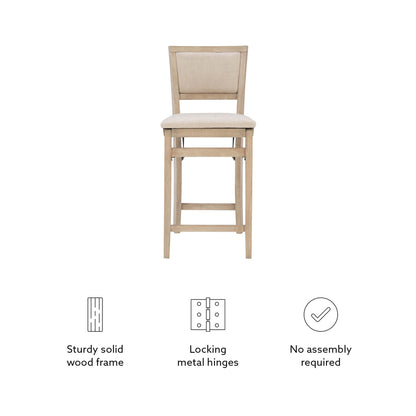 Linon Keira Natural Rustic Wooden Folding 25 Inch Seat Height Counter Stool with Beige Upholstered Seat and Back