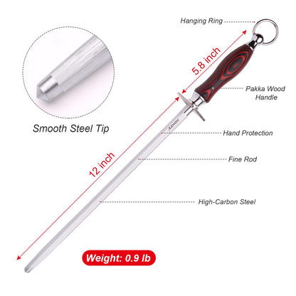 Azhou 12" Professional Knife Sharpener Steel Rod - High Carbon Steel (HRC 63), Fine 200 Grit for Kitchen & Chef Knives, Easy to Use with Non-Slip Wooden Handle & Gift Box