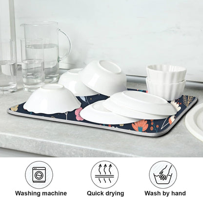 Dish Drying Mat for Kitchen Counter, Colorful Flowers Black Absorbent Drying Matt for Dishes Sink 16'' x 18''