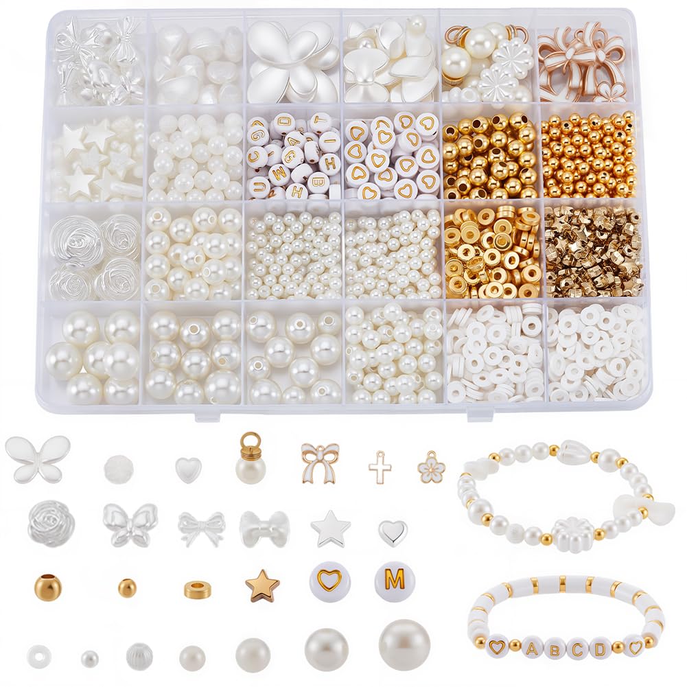 BEAMARKER 1443Pcs Assorted Pearl Beads Bracelet Making Kit Flower Bow Butterfly Star Heart Round Alphabet Gold Spacer Bead Acrylic Alloy Enamel Clay Charms Pendants for DIY Jewelry Bracelet Necklace