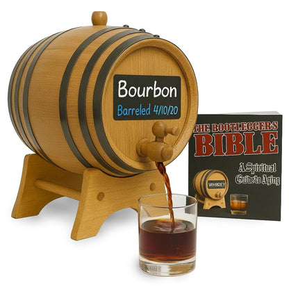 1 Liter Whiskey Barrel Dispenser with Chalkboard Front - Oak Barrels for Aging Whiskey, Cocktails, Tequila - Bourbon Barrel Home Bar Decor - Charred 1L Mini Whiskey Barrels