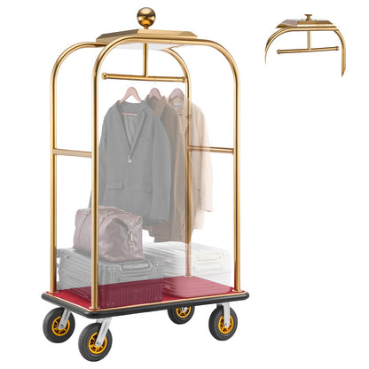 VEVOR Hotel Luggage Cart, 1200 lbs Heavy Duty Bellman Cart with Stainless Steel Frame, 8 in Rubber Wheels, Red Carpeted Deck, Commercial Luggage Carrier Rolling Trolley for Hotels, Resorts, Gold