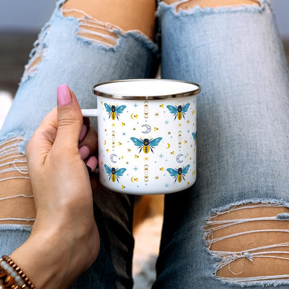 Celestial Bee Pattern Enamel Camping Coffee Mug, Honeycomb Moon Stars Gift Cup for Friends and Coworkers