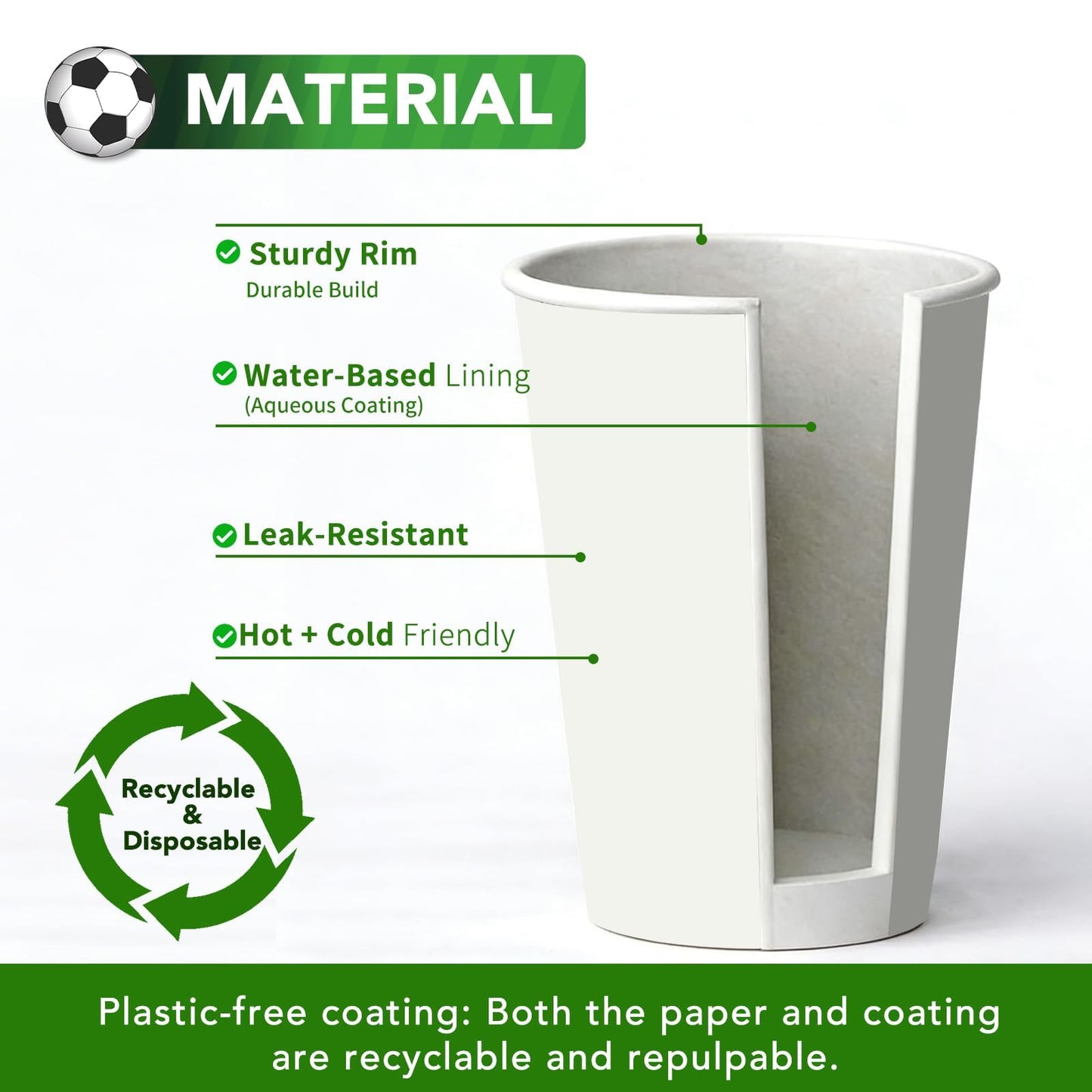16 oz White Disposable Soccer Party Paper Cups USA (World Host #3) 24 Sets, To-Go Cups with Straws Lids Sleeves for Cold Drink/Hot Beverage, Compostable Water-Based Coating, Soccer Theme Supplies