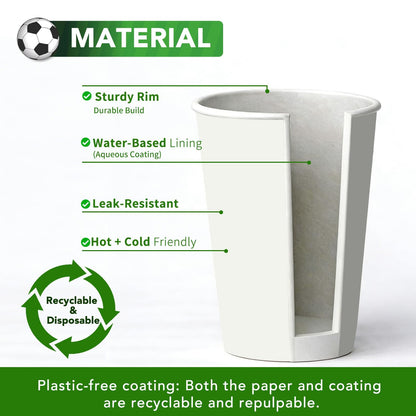 16 oz White Disposable Soccer Party Paper Cups USA (World Host #3) 24 Sets, To-Go Cups with Straws Lids Sleeves for Cold Drink/Hot Beverage, Compostable Water-Based Coating, Soccer Theme Supplies