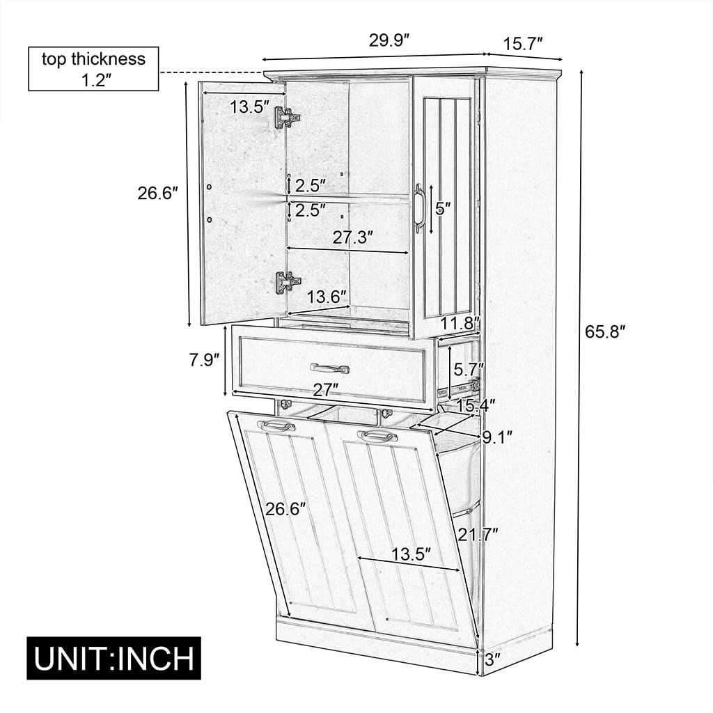 HOYOC Laundry Cabinet, Modern Wooden Bathroom Storage Cabinet with 2 Laundry Baskets,Pull Out Laundry Sorter with Doors and Drawer Storage Furniture for Laundry Room, Bathroom, Living Room,Gray