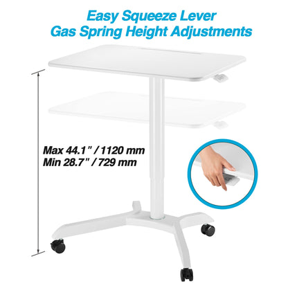 AVLT 44-inch Ambidextrous Pneumatic Laptop Standing Desk Cart (3 ft 8 in), Mobile Rolling Desk with Adjustable Height, Folding Computer & Projector Cart, White Cart with Brakes