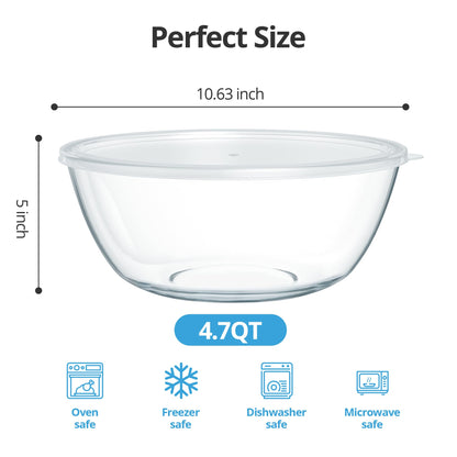 Quald 4.7 Qt Extra Large Glass Mixing Bowls Clear Glass Salad Cooking Bowls for Kitchen Salad Bread Storage