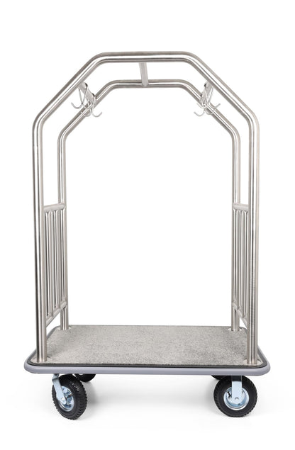 Wholesale Hotel Products Brushed Stainless Steel Luggage Cart –1000lb Capacity–Bellman Cart w/Grey Bumper Guard, Plush Carpet, 2” Welded Steel Frame & 8" Wheels, for 5-Star Hotels (Grand Lux Series)