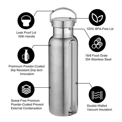 Neihepal 20 oz Insulated Water Bottles Bulk 2 Pack,Stainless Steel Double Wall Sport Bottle with Lid of Handle,Metal Reusable Thermoses Flask with Cup Cap for School,Cyclists,Gift (Silver,Set of 2)