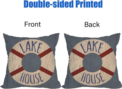 Waterproof Outdoor Lake House Pillow Covers 24x24 Inch Vintage Summer Coastal Nautical Life Buoy Throw Pillow Cases