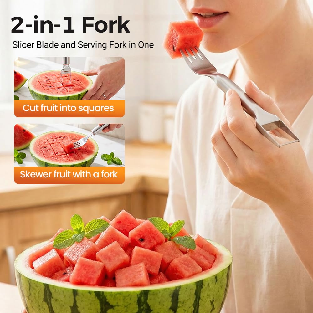 2-in-1 Stainless Steel Fruit Cutter, 2026 New Watermelon Fork Slicer Tool, Watermelon Slicer and Fork, Dual Head Fruit Forks for Home, Kitchen Fruit Cubes (1, Style-A)