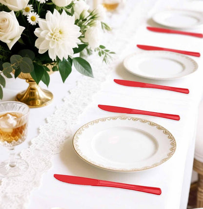 SietDESEO 25 PCS Red Plastic Knives Disposable Utensils Heavy Duty Red Knives Disposable Cutlery for Birthday Wedding Baby Shower Bridal Shower Plastic Silverware
