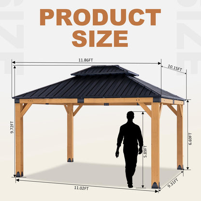 StarEcho 10X12 FT Cedar Wood Hardtop Gazebo, Heavy Duty Wooden Frame Gazebo with Metal Roof, Outdoor Patio Canopy for Backyard, Deck, Lawn & Garden