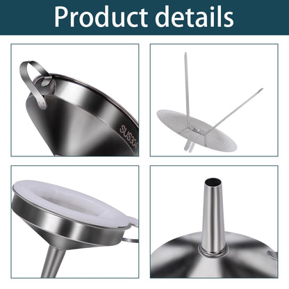 5 in 1 Funnels for Filling Bottles Stainless Steel Small Kitchen Funnel Set for Transferring Essential Oils Liquid Fluid Spice Dry Ingredients Powder, Durable and Dishwash Safe