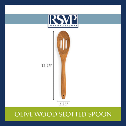 RSVP International Olive Wood Slotted Spoon, 12" | Rustic, Natural Authentic Italian Olive Wood | Classic Style for Kitchens, Tables, & More | Functional for Stirring Sauces, Pasta, & More