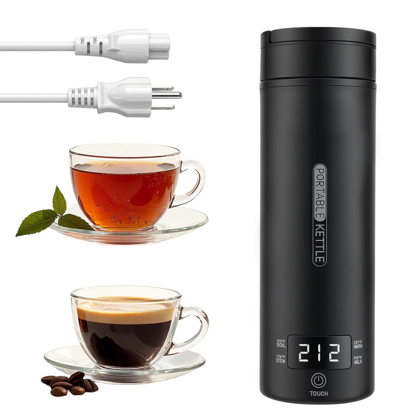 Rzlinn Portable Electric Kettle （120V）, Travel Tea Kettle, 316 Stainless Steel Premium Liner, 4-speed Temperature Adjustment with Auto Shut-off and Boil-Off Protection black