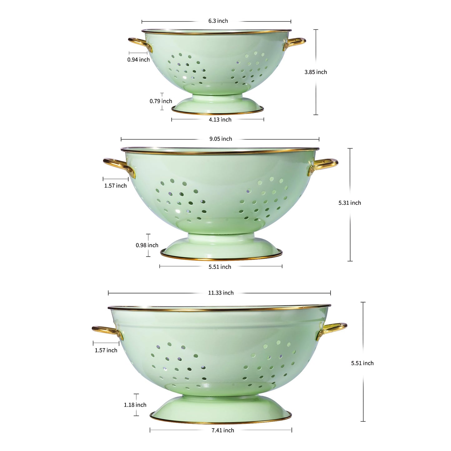 Metal Colander Set of 3, Strainer Basket with Handles perfect for Spaghetti, Pasta, Berry, Vegetable, Fruit, Solid Base Powder Coated Kitchen Essential Strainer Set, 1 & 3.5 & 5 Qt (Green)