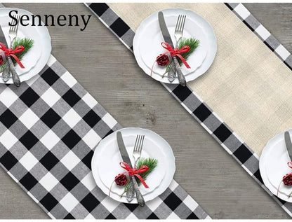 Senneny Christmas Large Table Runner 14 x 108 Inch, Burlap & Cotton Black White Plaid Reversible Buffalo Check for Decor