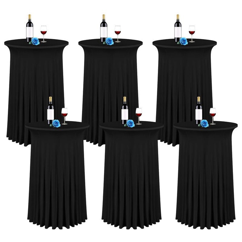 6 Packs 24"x 43" Round Cocktail Table Skirt, Spandex Fitted High Top Table Skirt, Spandex Stretch Cocktail Tablecloth for Wedding Party Bar Banquet Birthday Tables(Black)