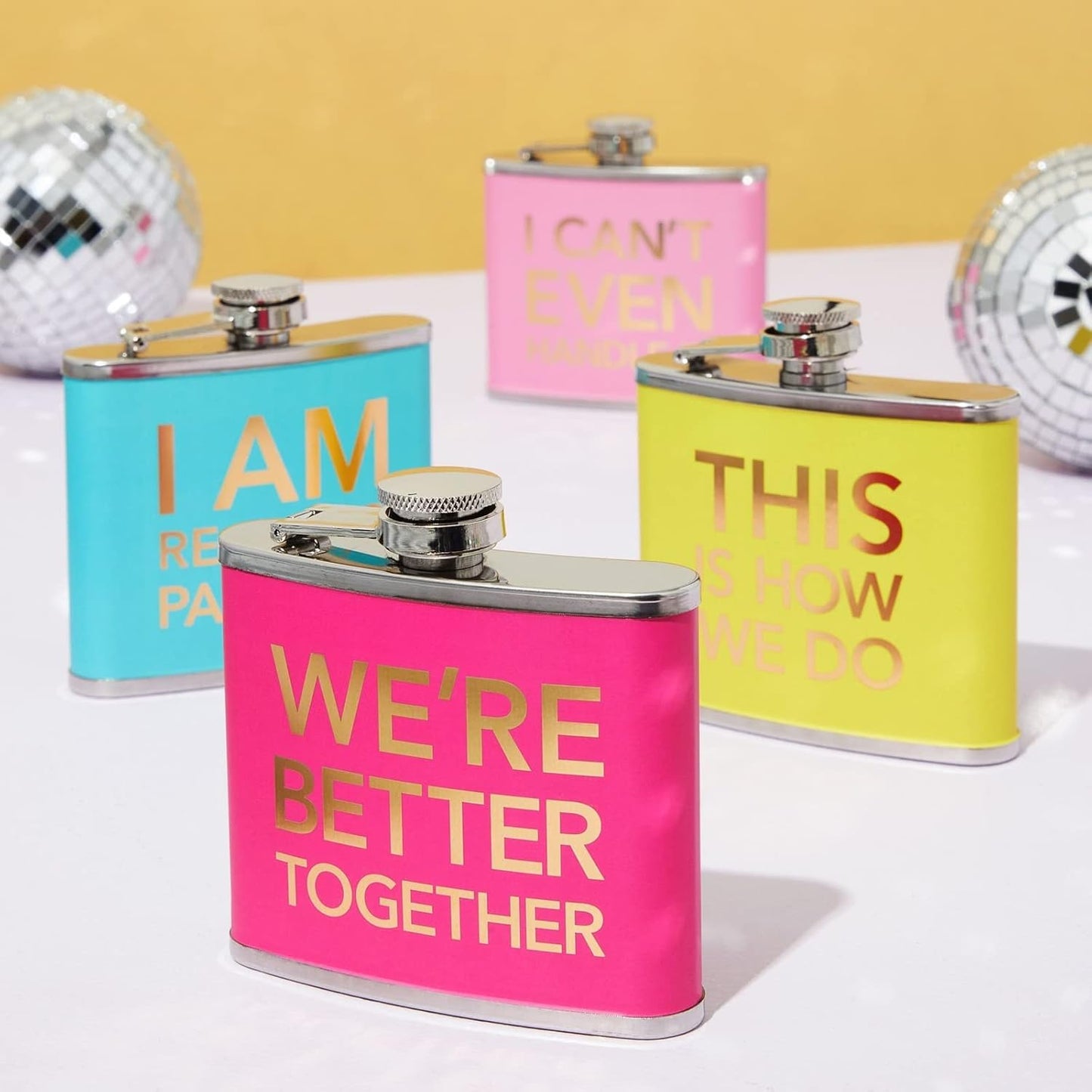Juvale 4-Piece Girls Trip Flask Set, 5 oz Stainless Steel, Yellow, Blue, Pink & Rose Red, Bachelorette Party Favors