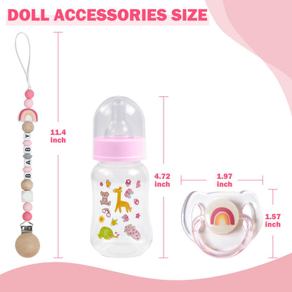 SCOM Reborn Baby Doll Accessories Set - Rainbow Silicone Pacifier Clips & Magnetic Pacifiers & Removable Reusable Baby Doll Bottles for Reallife Realistic Reborn Dolls Girls, Pink Style, 3 Pcs