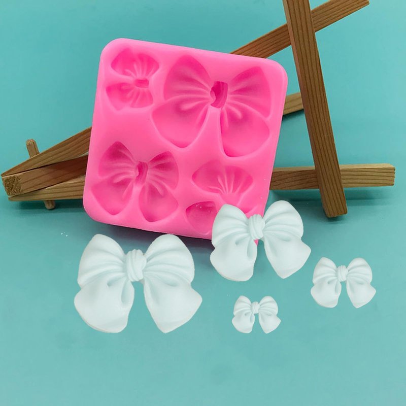 4Pcs Silicone Bow Molds for Cakes, Cupcakes, Chocolate, Candy, Sugar Craft, and Resin Crafts - Pink and Gray Bow Mold Set