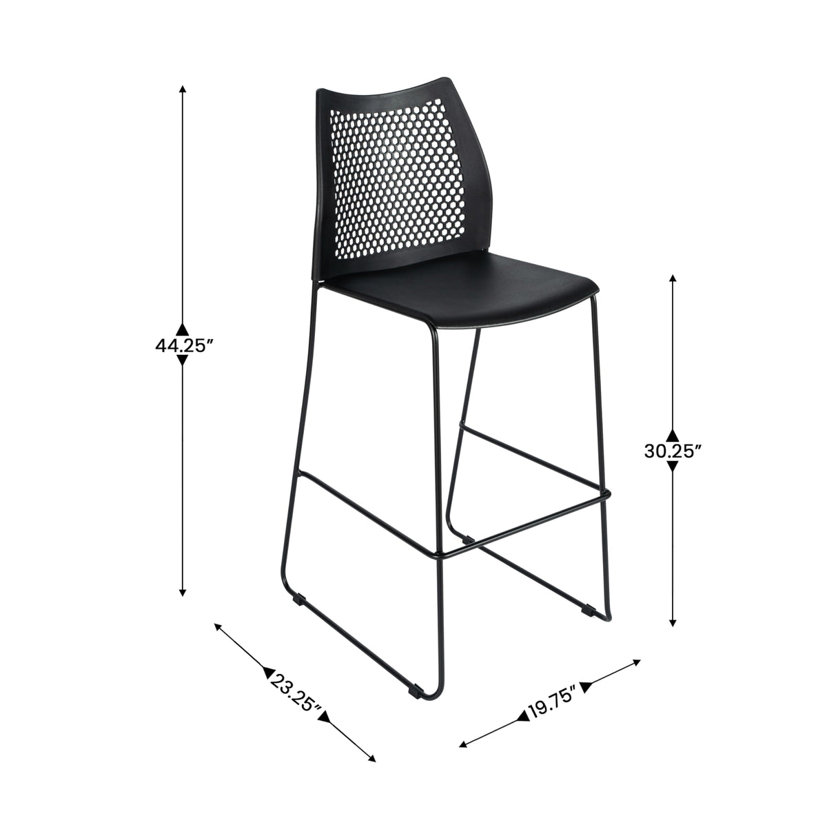 Flash Furniture Hercules Stacking Bar Height Stool with Vented Backrest and Black Powder Coated Steel Sled Base with Integrated Footrest, Commercial Portable Stool, Set of 3, Black