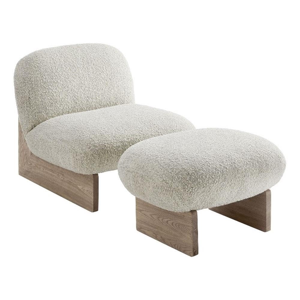 Modway Loyal Boucle Fabric Accent Chair with Ottoman in Pearl Oak - Comfy Modern Armless Lounge Chair with Footrest - Upholstered Round Sofa Chair and Footstool Set for Living Room or Bedroom