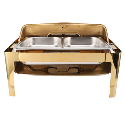 Qiilu Premium Buffet Chafing Dish Stainless Steel Chafer 9L Buffet Catering Food Warmer with Transparent Glass Lid and HighQuality Heating Method (Plated Gold)