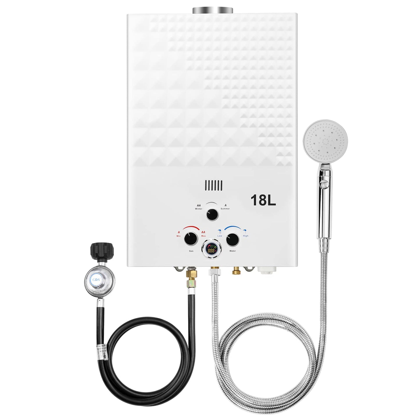 Tankless Water Heater Propane 4.74GPM 18L Outdoor Portable GasHot Water Heater Instant Propane Water Heater with Digital Display Multi-Protection for Camping Trips Boat