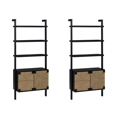 Nathan James Beacon 3-Shelf Bookcase with Seagrass Cabinet, Solid Wood Boho Bookshelf with Storage with Solid Wood Frame, Seagrass/Black, Set of 2