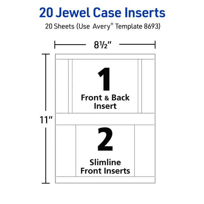 Avery Printable CD Jewel Case Inserts, Matte White, Laser & Inkjet Printer Compatible, 20 Standard and Slimline Inserts, Ideal for CDs, DVDs, Presentations, Portfolios, and More (8693)