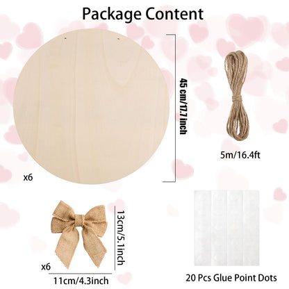6 Pcs 18 Inch Wood Circles for Crafts Unfinished Round Wood Discs Blank Wooden Rounds Slices Round Wooden Door Hanger Signs with Bows, Twine and Glue Points for DIY Craft Holiday Decor,5 mm Thick