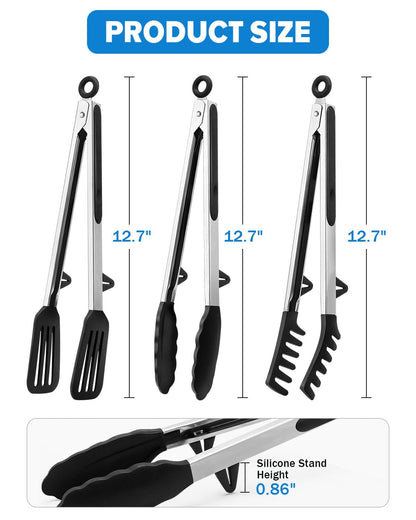 Kitchen Tongs for Cooking, Non Scratch Silicone Tip for Nonstick Cooking Pans, Food Grade Mini Serving Tongs, Pull Lock, Set of 3, Black (BLack, 12 inch)