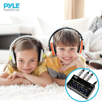4-Channel Portable Stereo Headphone Amplifier - Professional Multi Channel Mini Earphone Splitter Amp w/ 4 ¼” Balanced TRS Headphones Output Jack and 1/4" TRS Audio Input For Sound Mixer - Pyle PHA40 BLACK