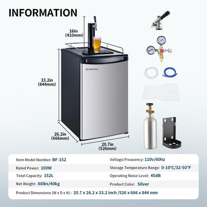 BEYOU Beer Kegerator, Commercial Draft Brew Beer Dispenserl,Full Size Keg Refrigerator for Home D system-1 Tap (152L)