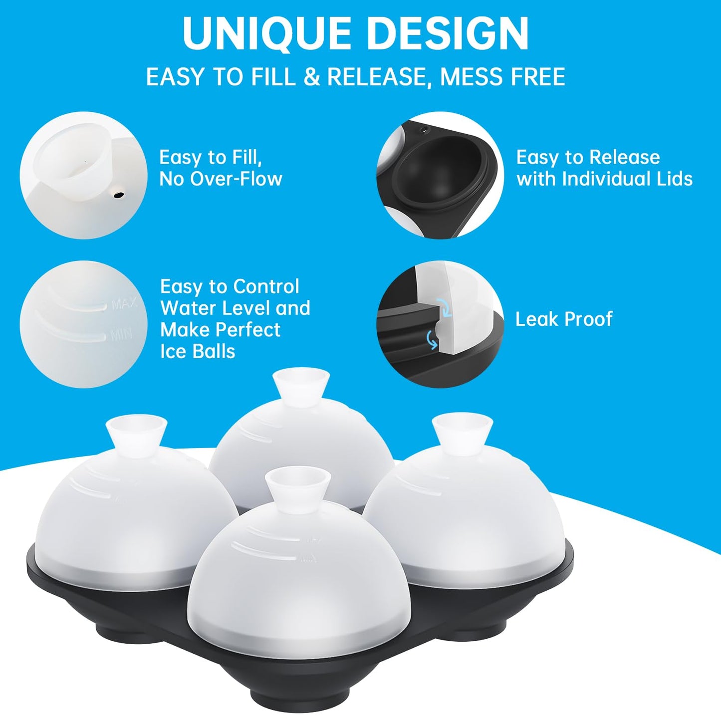 HONYAO Silicone Whiskey Ice Ball Mold - 2.4 Inch Large Ice Cube Trays Molds Silicone with Lids - Ice Sphere Maker for Cocktails, Bourbon, Rum - 2 x 4 Iceballs