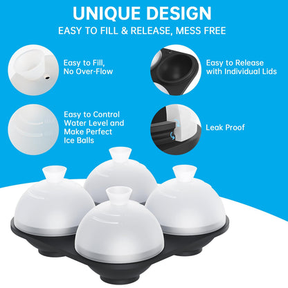 HONYAO Silicone Whiskey Ice Ball Mold - 2.4 Inch Large Ice Cube Trays Molds Silicone with Lids - Ice Sphere Maker for Cocktails, Bourbon, Rum - 2 x 4 Iceballs