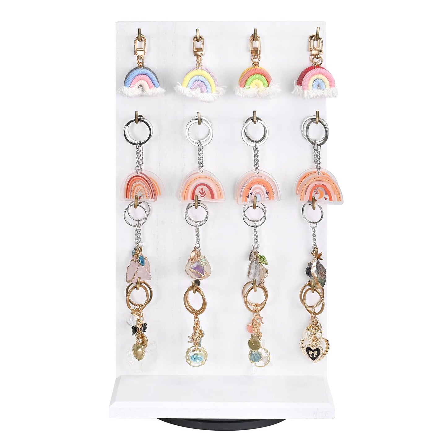 MOOCA Wooden Rotating Two-Sided Jewelry Display Stand, Rotating Organizer with 32 Long Hooks for Store, Keychain Earring Display, White color, 9.1W x 7.5 D x 17.1 H in