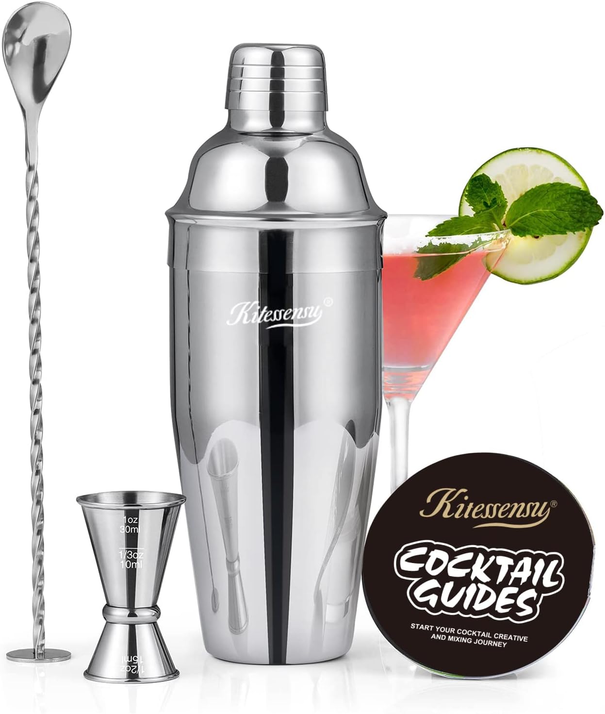 24oz Set Cocktail Shaker, KITESSENSU Drink Shaker with Bartender Strainer, Measuring Jigger, Bar Mixing Spoon, Cocktail