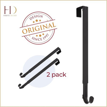 Haute Decor Over The Door Wreath Hanger Hook - Adjustable Length, Holds Up to 20 lbs - Matte Black, 2-Pack
