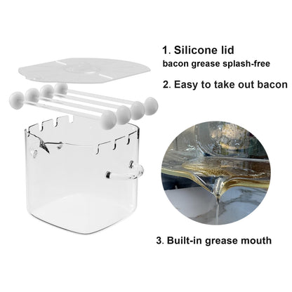 Glass Microwave Bacon Cooker, Microwave Popcorn Popper, 100oz Glass jar with Silicone Lid, Ramen Noodle Bowl and Vegetable Steamer, with Removable Glass skewer, Make 16pcs bacon one time