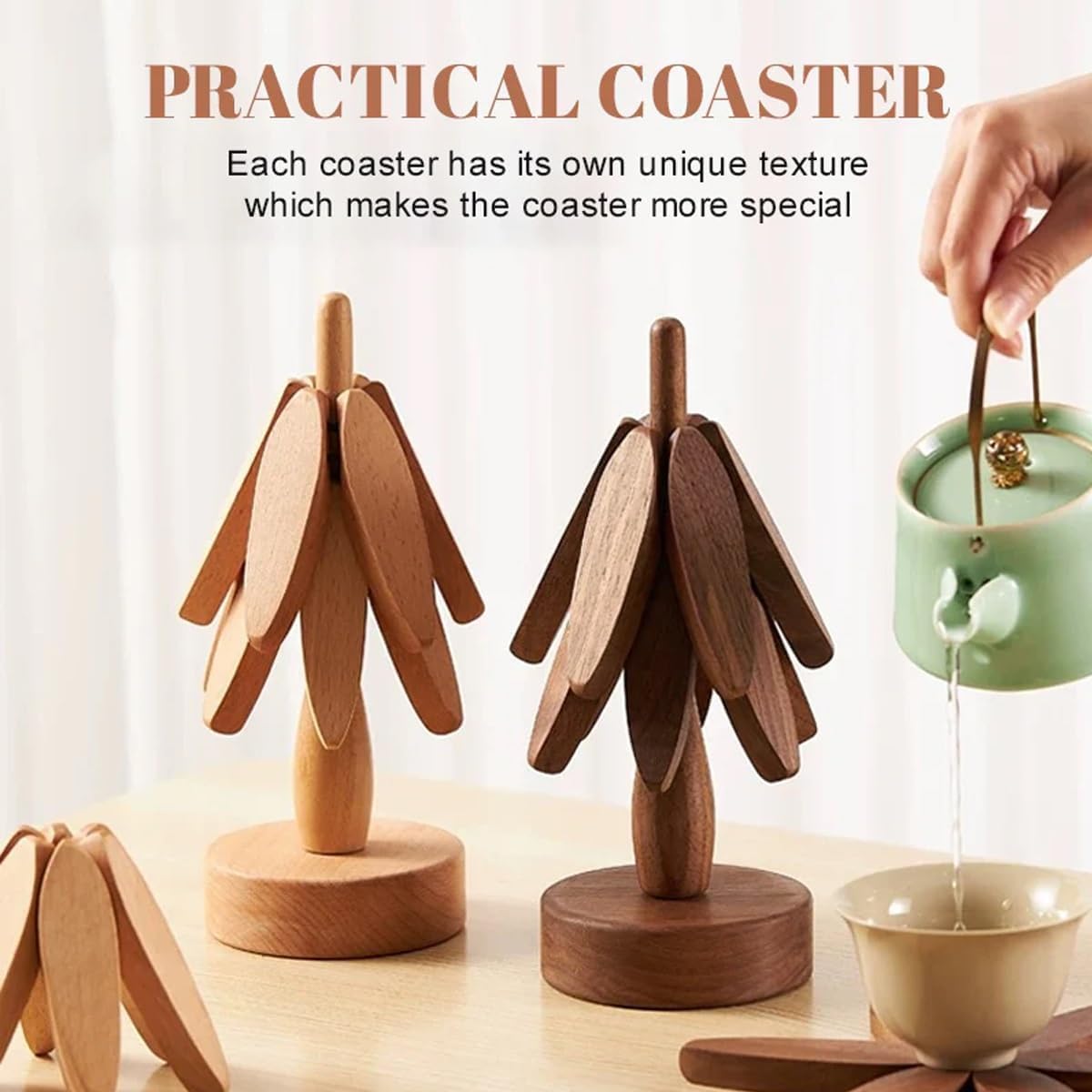 Wooden Trivets for Hot Dishes, Tree Shape Trivet Set, 5 Walnut Wood + 1 Stand stored Like a Christmas Tree,Foldable Kitchen Wooden Trivet,for Hot Dishes、Pot、Bowl、Teapot、Hot Pot Holder(Walnut Wood)